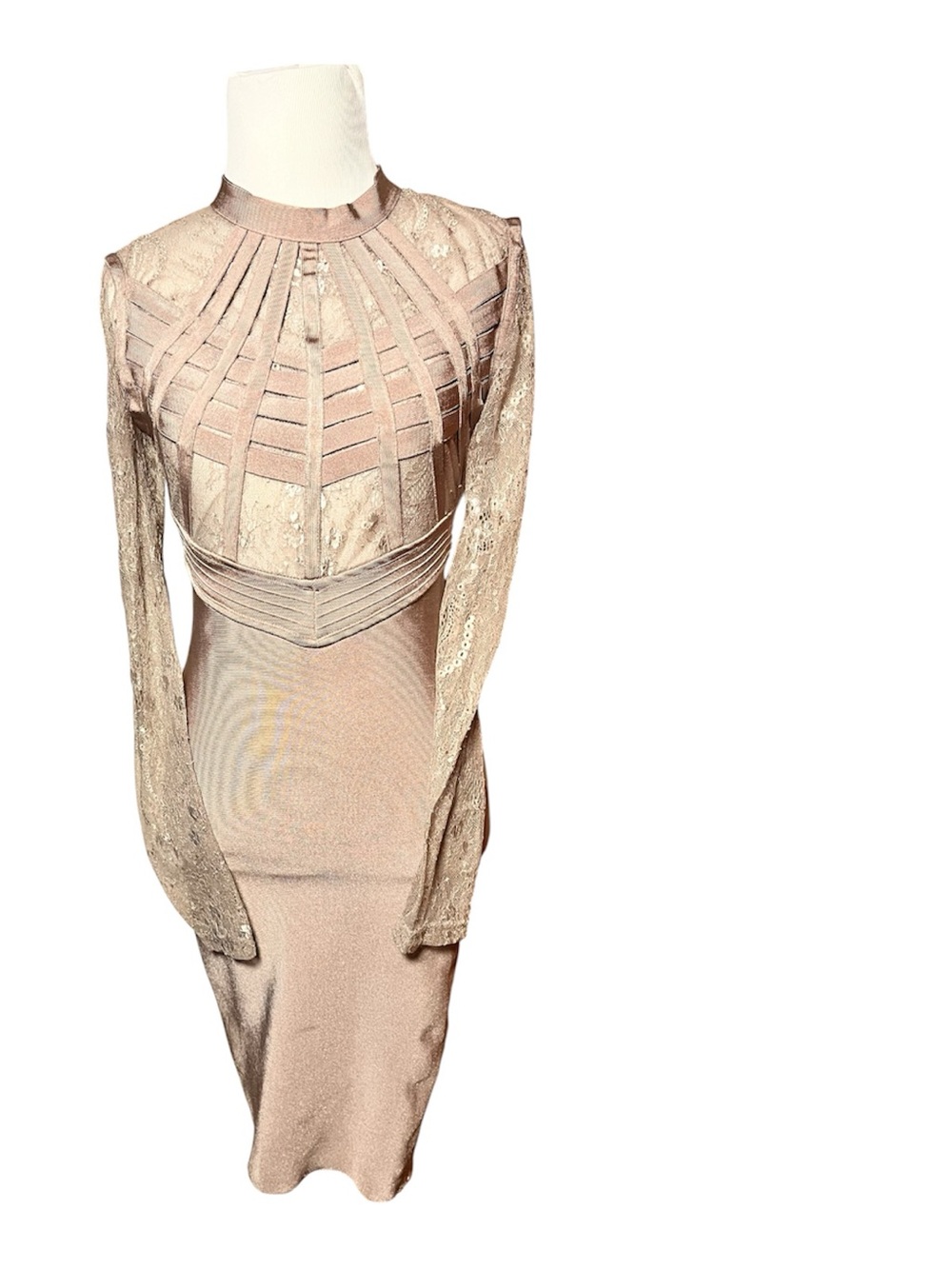 Windsor Long Sleeve Lace Panel Midi Dress in Blush Nude